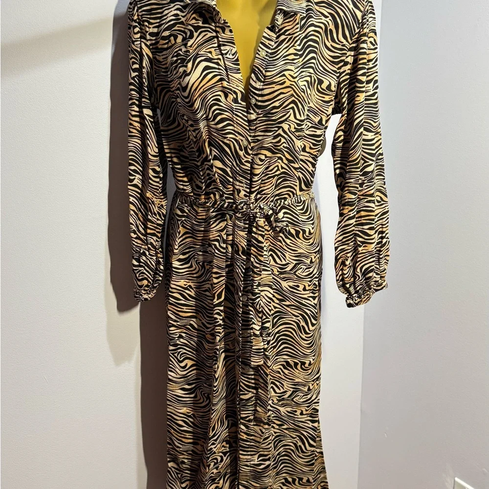 L*Space Zebra Print Maxi Duster Cardigan Dress Swim Cover Up Tan Black Large